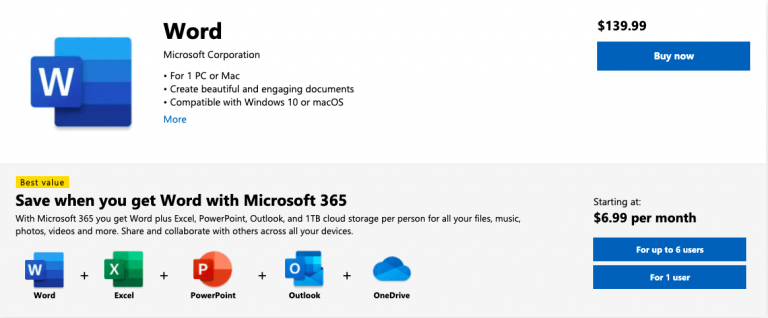 Microsoft Word pricing